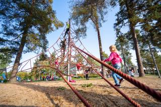 Children hang in the climbing net