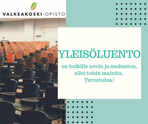 Valkeakoskiopiston yleisöluennon mainos.