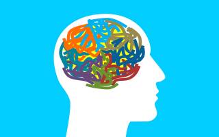 Piirretty pää, jossa aivojen kohdalla värikkäitä viivoja sekaisin.