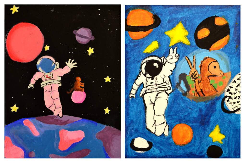 Piirros astronautista ja apinasta avaruudessa.