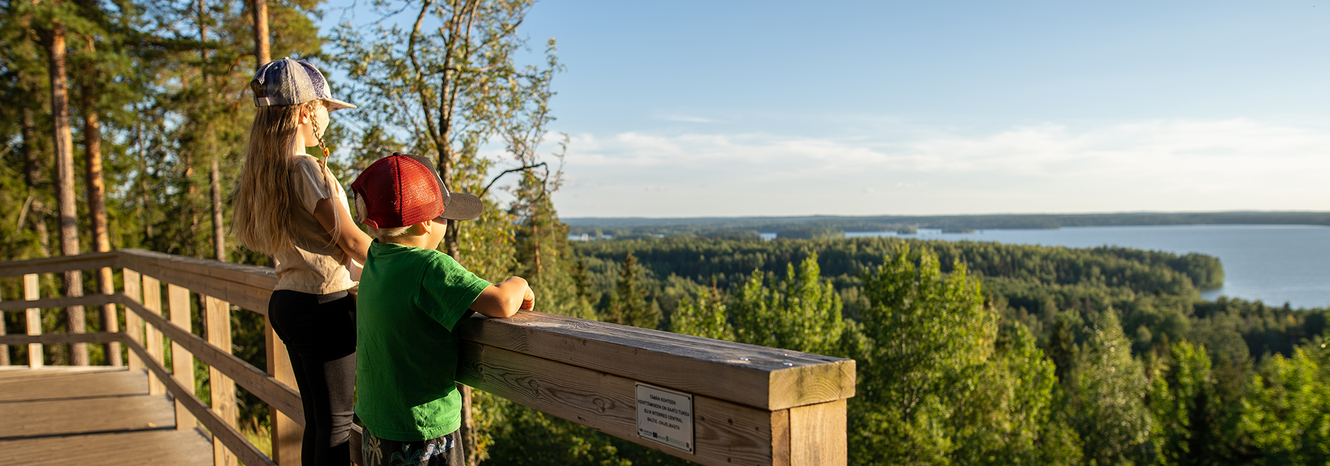 Lapset katsovat kohti Vanajaa Rapolanharjulla Valkeakoskella.