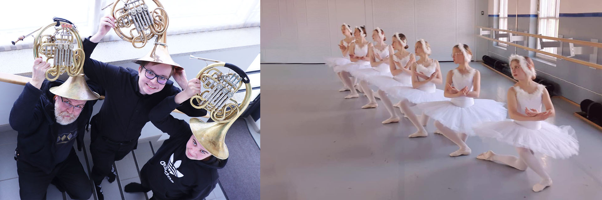 Brass musicians and ballet dancers.