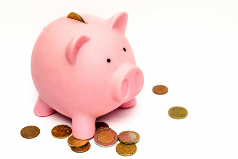 Säästöpossu ja kolikoita.