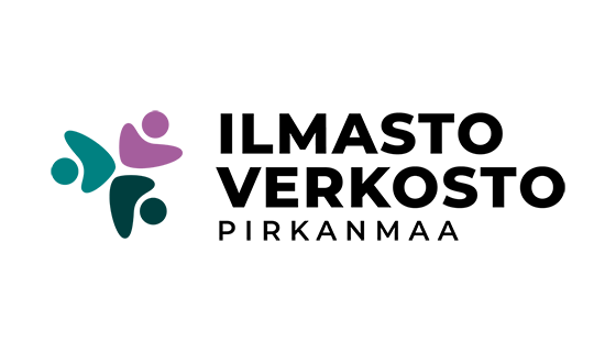 Ilmastoverkosto Pirkanmaa -logo, jossa kolme piirroshahmoa muodostaa kukkasen muodon.