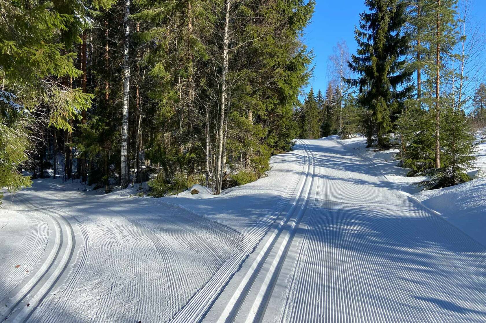 Korkeakankaan hiihtoladut metsän keskellä aurinkoisella talvisäällä Valkeakoskella.