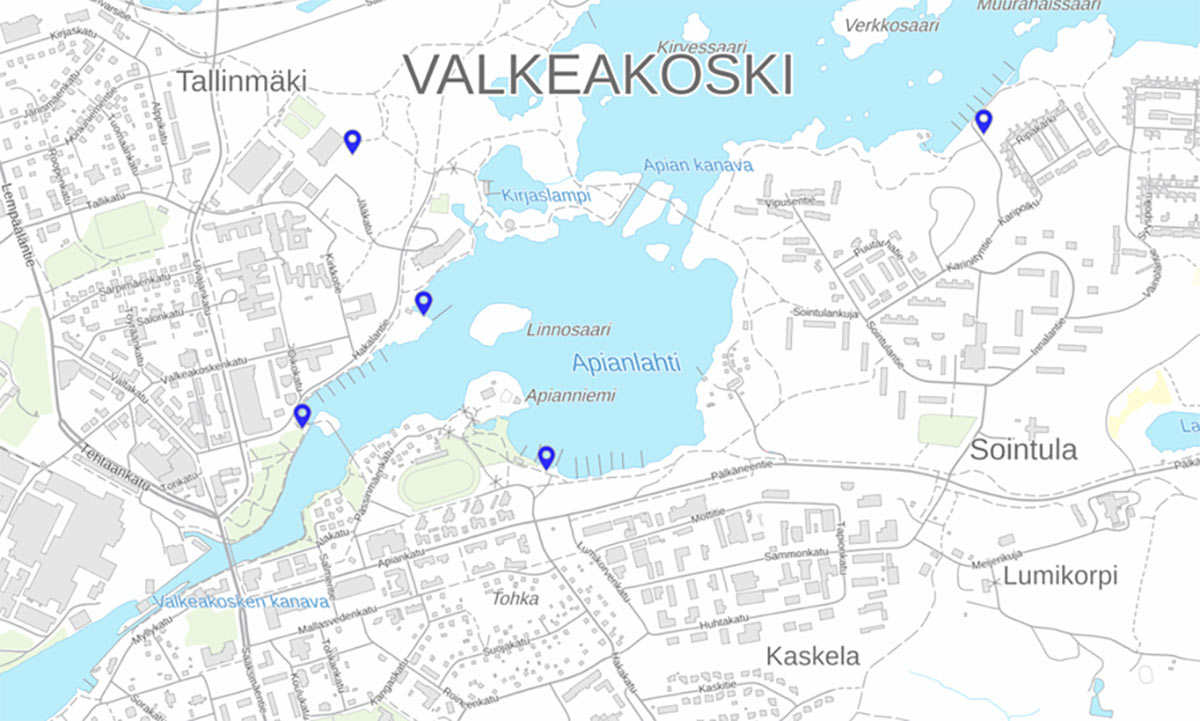 Kartta, jossa näkyy Valkeakosken kaupungin isojen roska-astioiden sijainnit.
