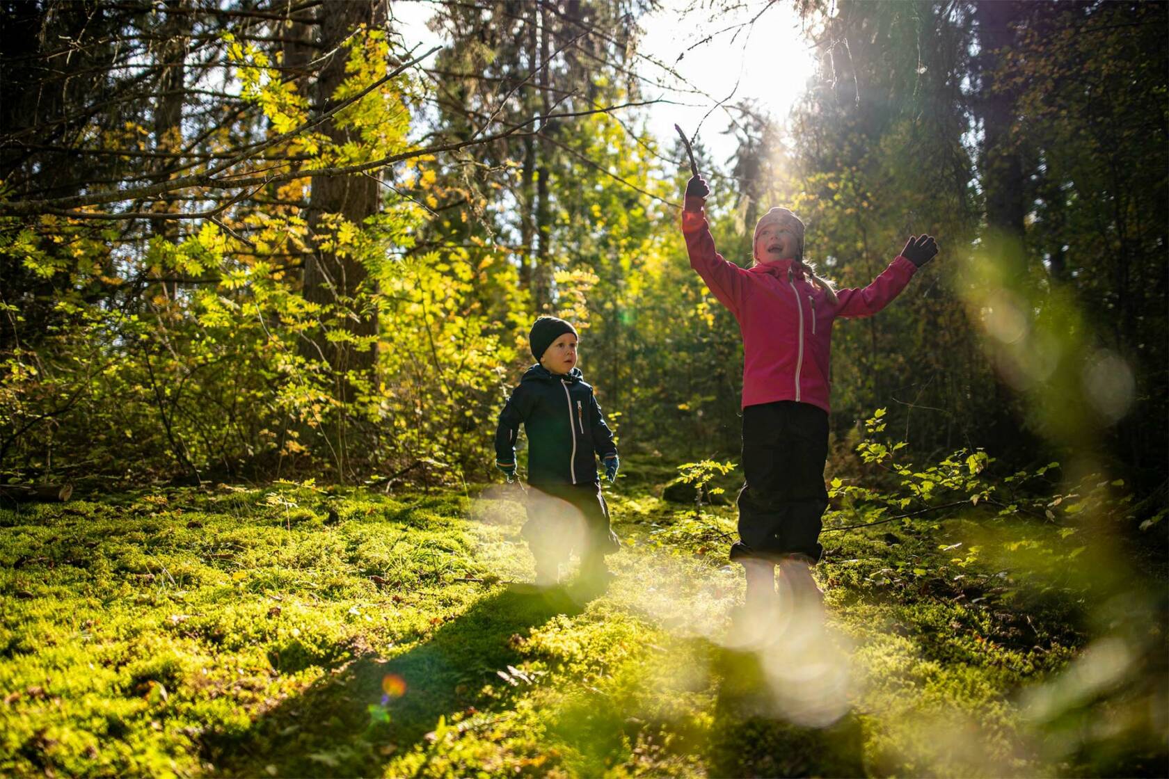 Kaksi lasta leikkivät metsässä Vallonjärven luontopolun varrella Valkeakoskella.