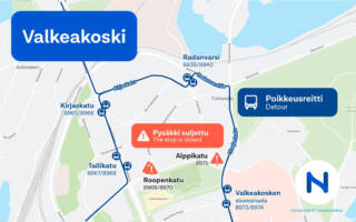 Kartta, jossa näkyy Nyssen poikkeusreitti, suljetut pysäkit ja väliaikaiset pysäkit.