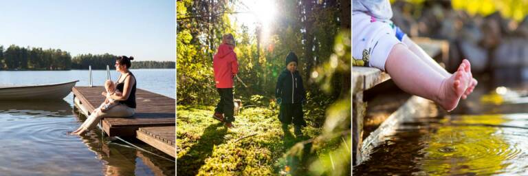 Kuvakollaasi: Nainen istuu lapsen kanssa laiturilla, lapset leikkivät metsässä ja lapsen jalat laiturilla veden päällä.