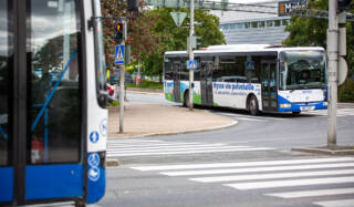 Kaksi linja-autoa pysähtyneenä liikennevaloihin risteyksessä.