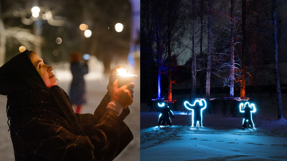Nainen ja valo ja valoja ihmisfiguureja.
