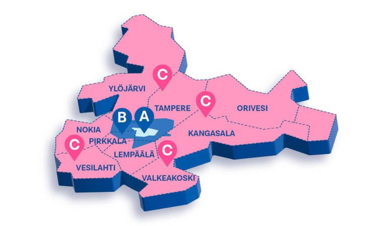 Havainnollistava karttakuva Nyssen uudesta vyöhykejaosta.