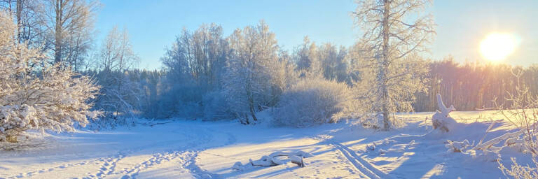 Talvinen ja aurinkoinen kuva Vallonjärveltä Valkeakoskelta.