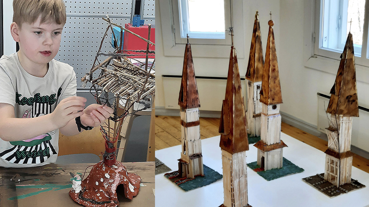 Toisessa kuvassa Kuvapari, jossa toisessa kuvassa oppilas rakentaa tornia ja toisessa kuvassa on valmiita torneja.