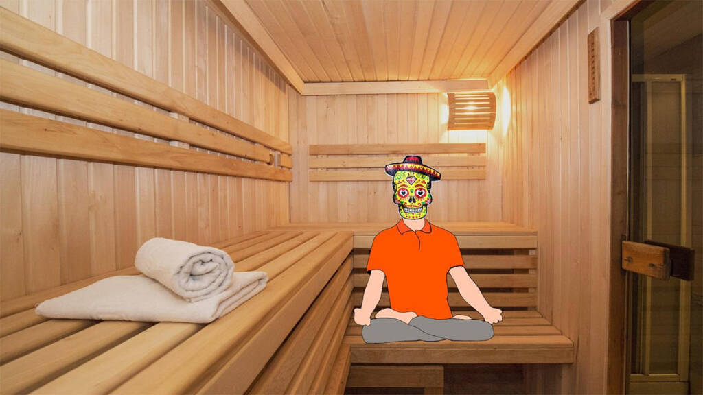 Pancho Villan sauna ja piirretty ihminen istumassa.