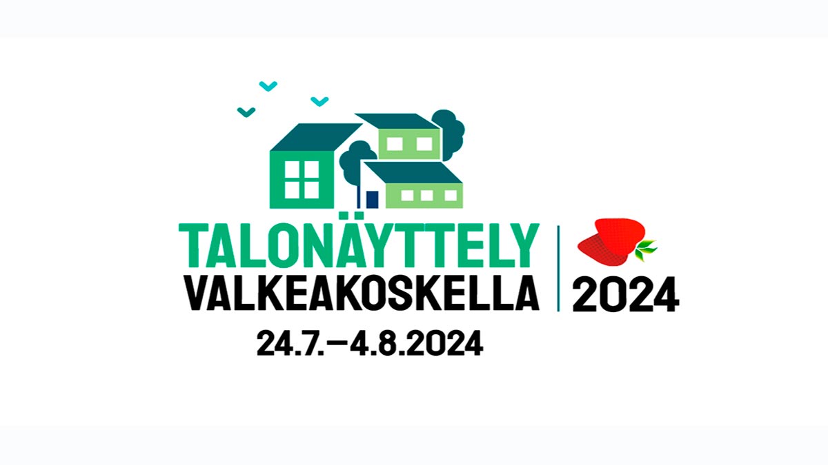 Piirrettyjä taloja ja teksti Talonäyttely Valkeakoskella 24.7.-4.8.2024.