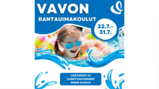 Kuvassa tyttö uimassa uimalasit päässä ja VaVon rantauimakoulut teksti.