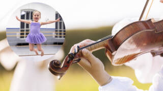 Kuvakollaasi, jossa lapsi hyppii balettipuvussa ja taustalla viulua soittavat kädet.