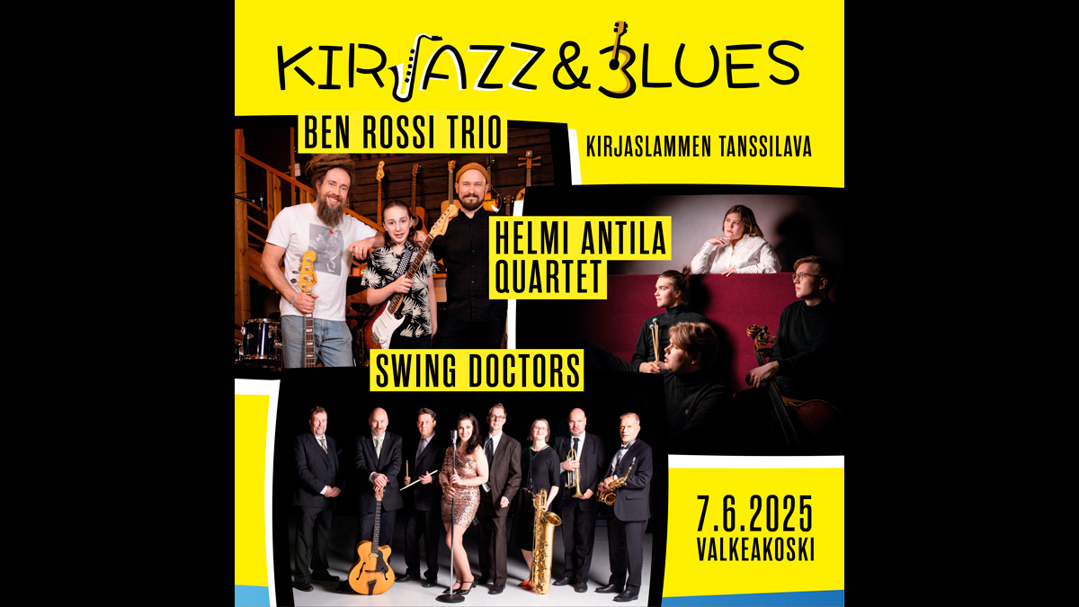 Kirjazz & Blues -tapahtuman mainoskuva, missä kuvia tapahtuman ensi kesän esiintyjistä.