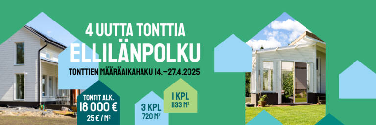 Uusi tonttialue Ellilänpolku. Tontit alk. vain 18 000 €. Omakotitalon pihaa ja talon mallisia graafisia elementtejä.