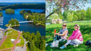 Lepänkorvan puisto ja kaksi naista kirsikkapuun alla.
