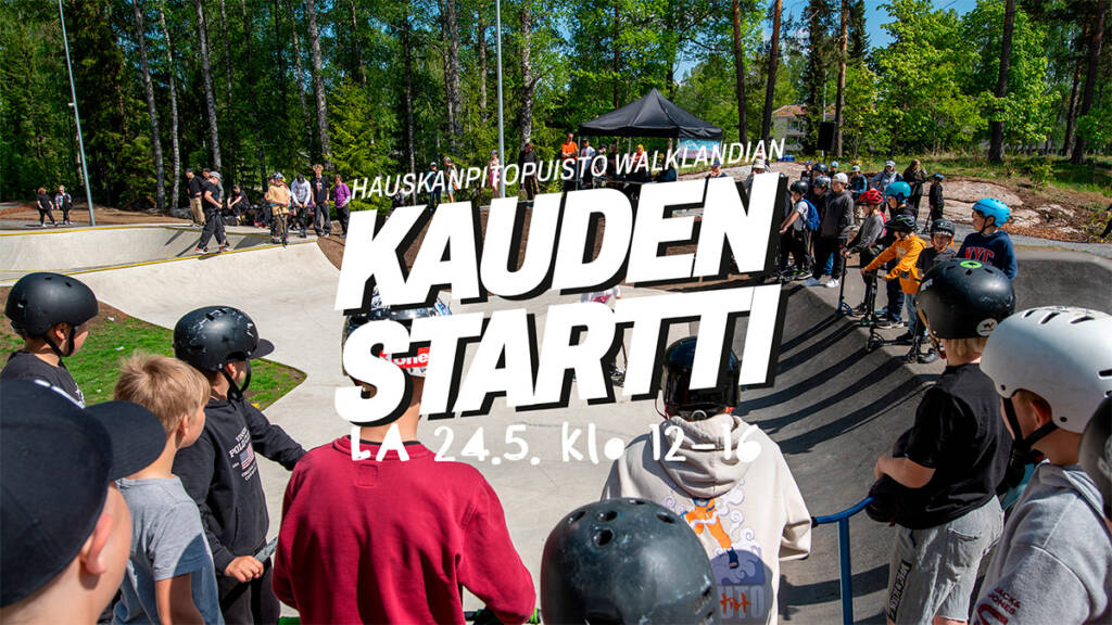 Walklandian Kauden startti -tapahtuman mainoskuva, missä lapsia skeittiparkissa.