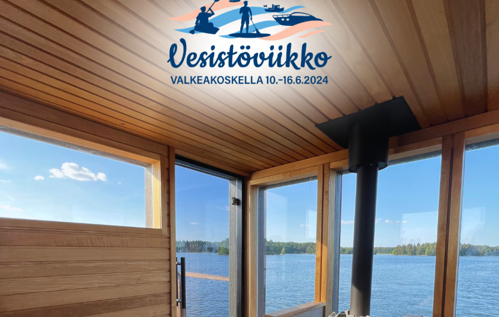 Kuva saunalautalta ikkunoiden takaa järvelle ja Vesistöviikon logo.