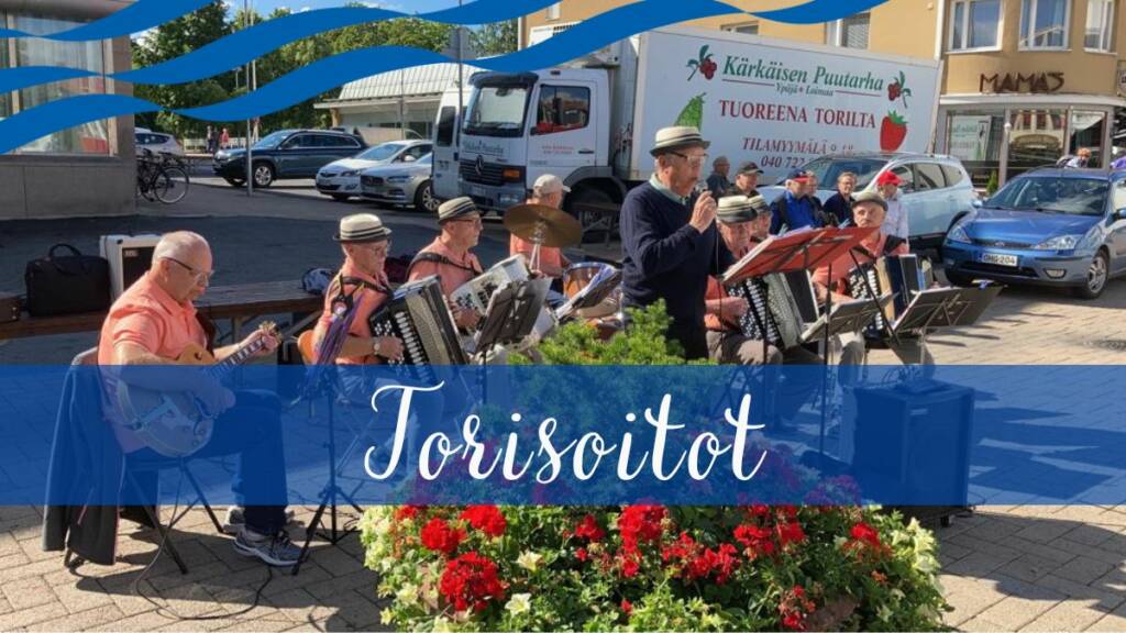 Koskihanurit soittavat ja sininen logo, missä lukee Torisoitot.