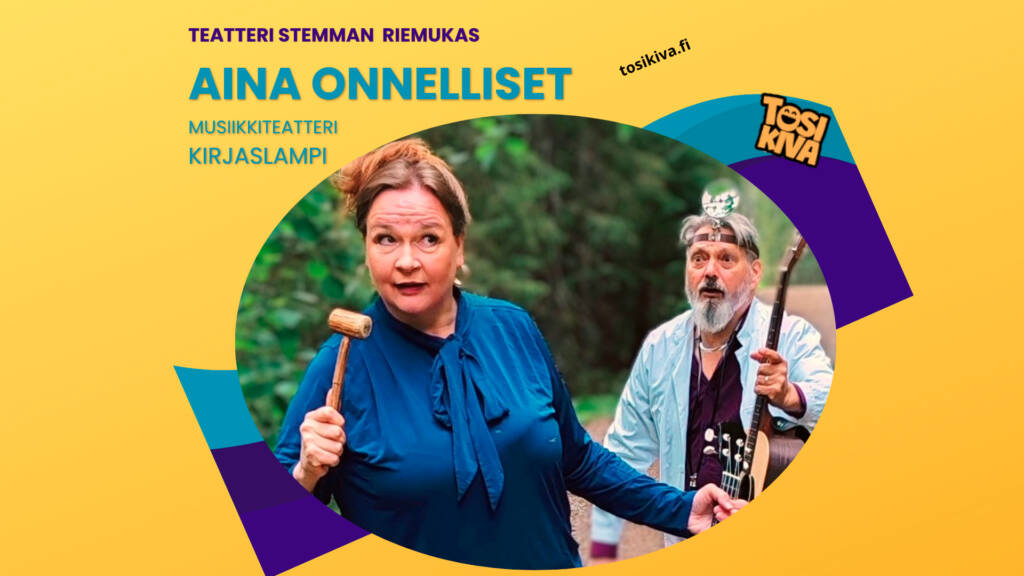 Aina onnelliset -näytelmän mainoskuva, missä nainen ja mies sekä tapahtumasta tekstiä.