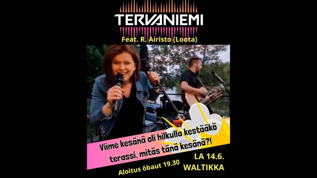 Nainen laulaa mikkiin ja mies soittaa kitaraa sekä tekstiä Grillibileet-tapahtumasta.