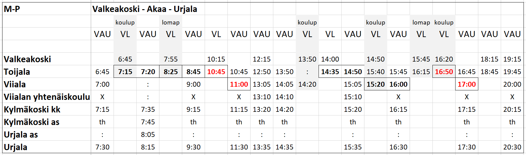 VAU-liikenteen talviaikataulu Valkeakoski-Akaa-Urjala.