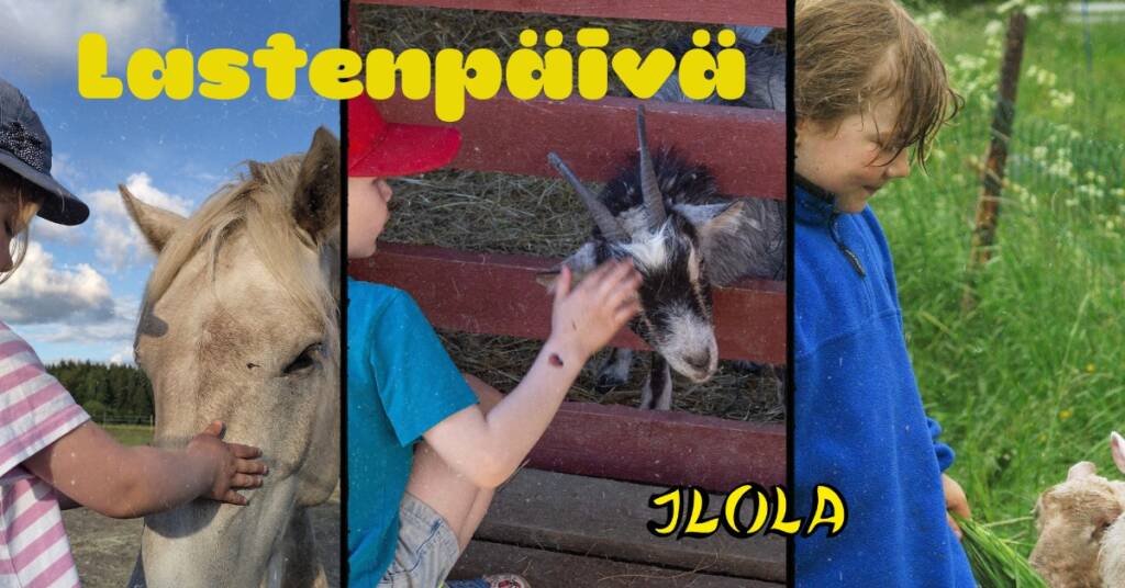 Tyttö silittää hevosta, poika rapsuttaa vuohta ja tyttö tarjoaa ruohoa lampaalle.