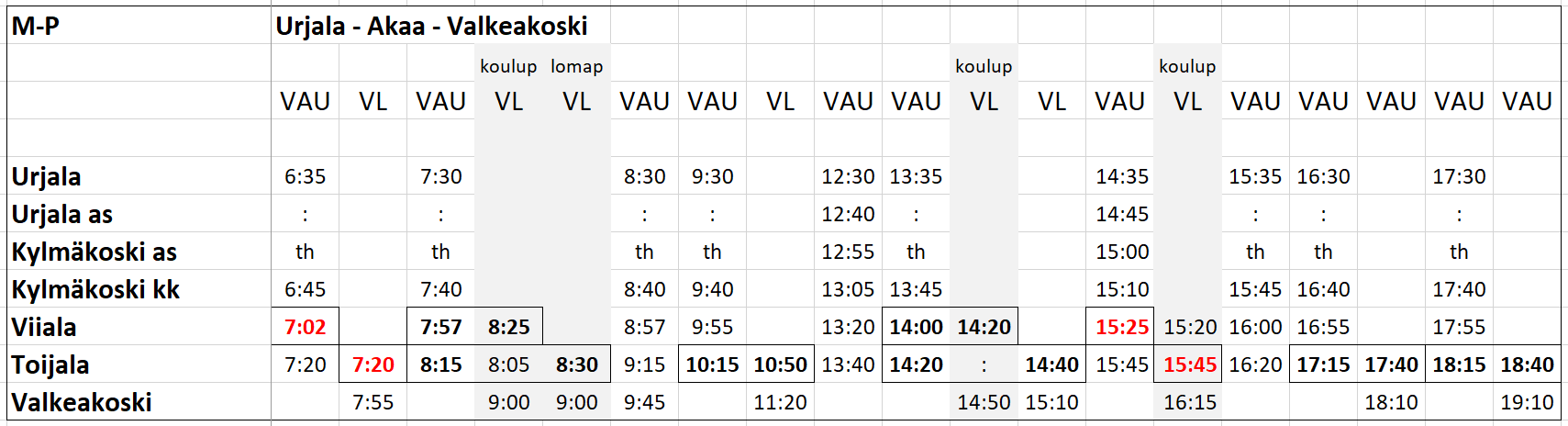 VAU-liikenteen talviaikataulu Urjala-Akaa-Valkeakoski.