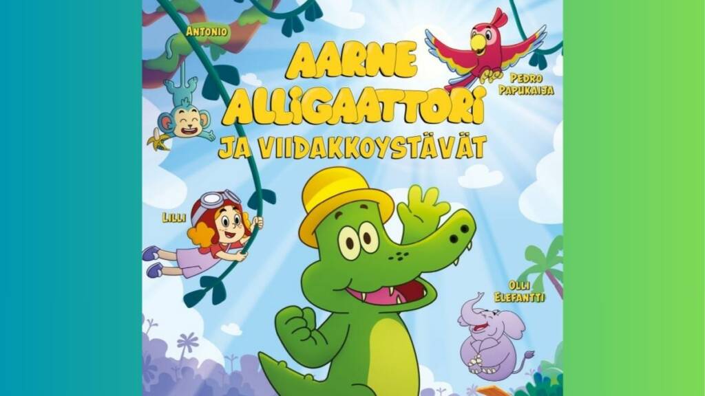 Piirretty hahmo Aarne alligaattori ja hänen ystävänsä.