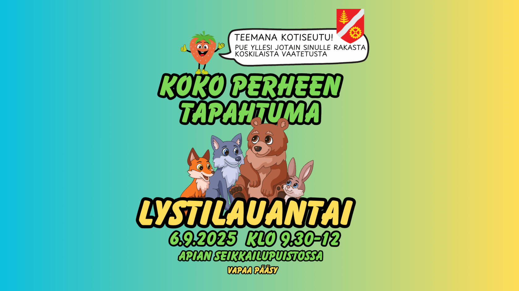 Lystilauantai -tapahtuman piirretty mainoskuva, jossa tekstiä tapahtumasta.
