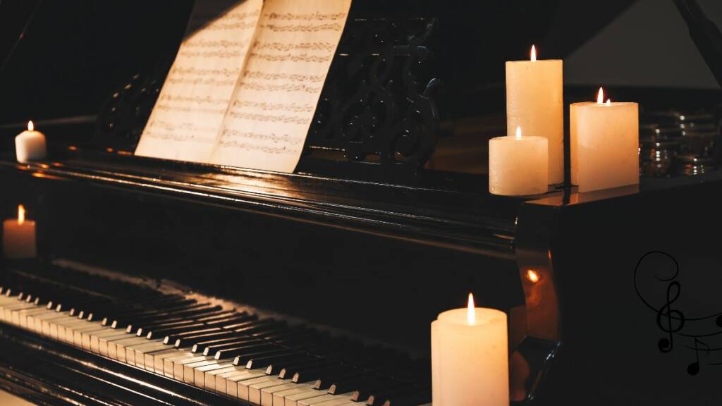 Piano ja kynttilöitä pianon päällä.