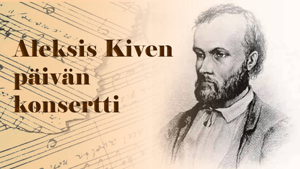Mustavalkoinen kuva Aleksis Kivestä, nuotteja ja tekstissä Aleksis Kiven päivän konsertti.