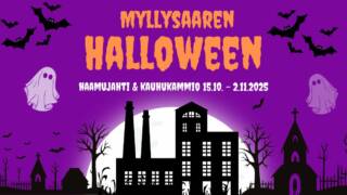 Halloween aiheinen mainos jossa on lepakoita, haamuja, puita ja rakennuksia. Kuvassa on teksti: Myllysaaren halloween, haamujahti ja kauhukammio.