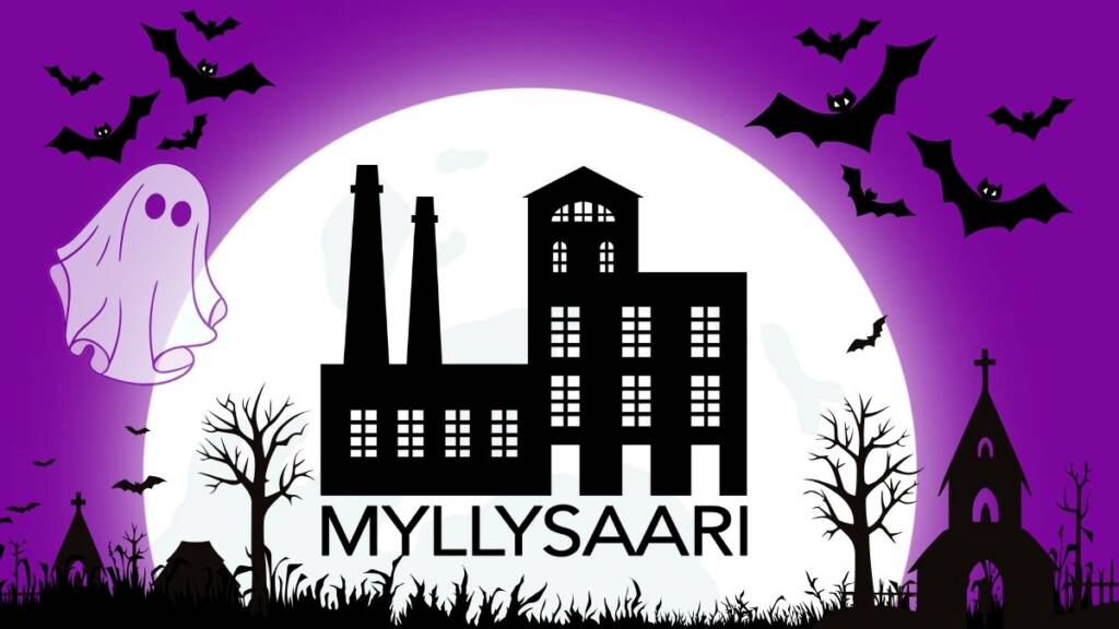 Halloween aiheinen mainos jossa on lepakoita, haamuja, puita ja rakennuksia.