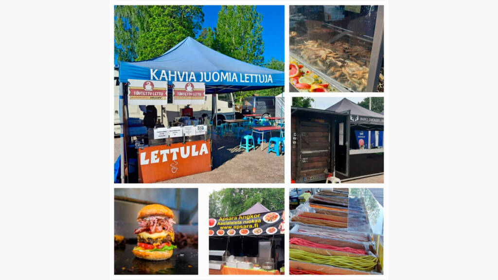 Kojuja ja niissä myynnissä olevia tuotteita Street Food -tapahtumassa.