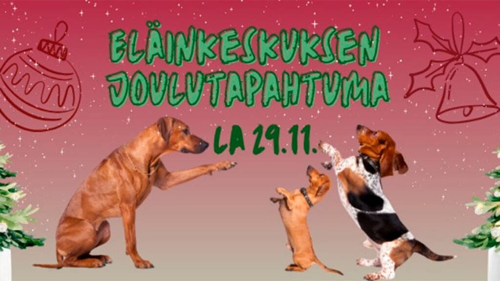 Kolme koiraa ja tekstissä Eläinkeskuksen joulutapahtuma 29.11.
