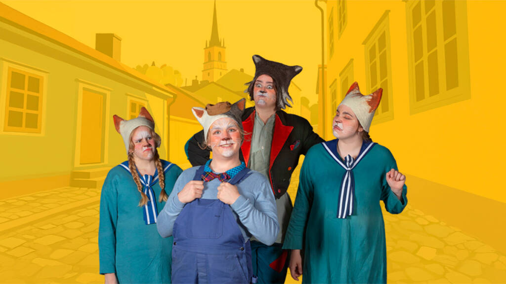 Pekka Töpöhäntä -näytelmän mainoskuvassa näyttelijöitä keltaista taustaa vasten.