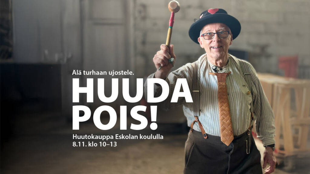 Huutokauppa meklari ja tekstiä tapahtumasta.