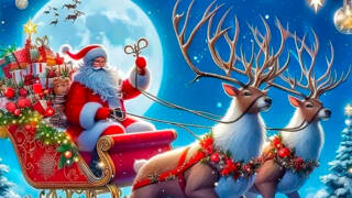 Graafisessa kuvassa joulupukki reessä ja porot vetävät rekeä.