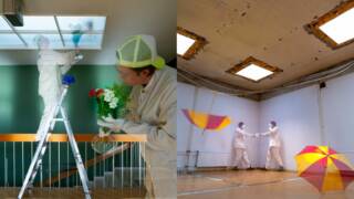 Kaksi kuvaa, jossa kukkakimppu, ihmisiä, sateenvarjoja, tikkaat.