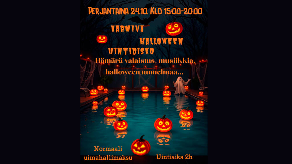 Uimahallin Halloween-uinti -mainos, jossa on oransseja kurpitsoja tummalla taustalla.