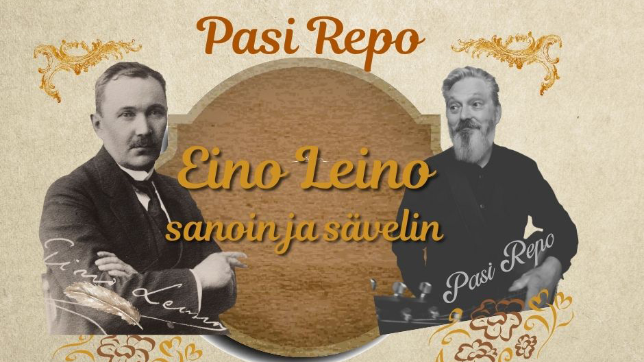 Mustavalkoisissa kuvissa Eino Leino ja Pasi Repo graafista taustaa vasten.