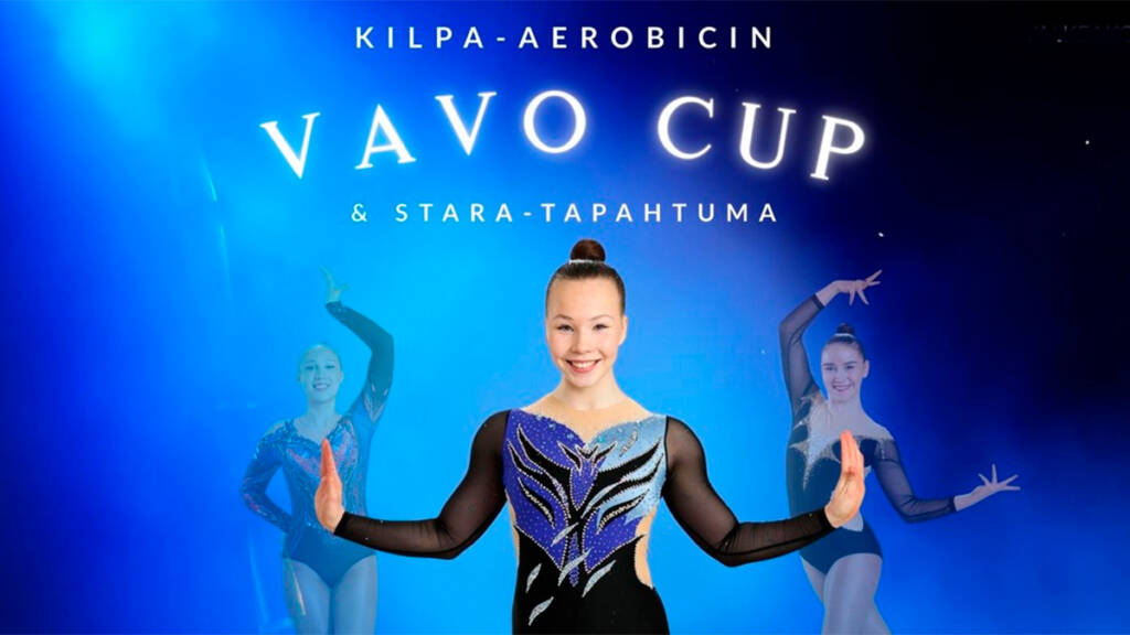 Voimistelijoita sinistä taustaa vasten ja tekstissä tapahtuman nimi.