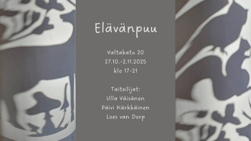 Graafinen kuva, jossa tekstissä tapahtuman nimi ja paikka sekä taiteilijoiden nimet.