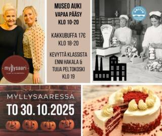 Kaksi naista seisoo sekä toiset kaksi naista ovat pöydän takana. Täytekakku sekä kurpitsoja.